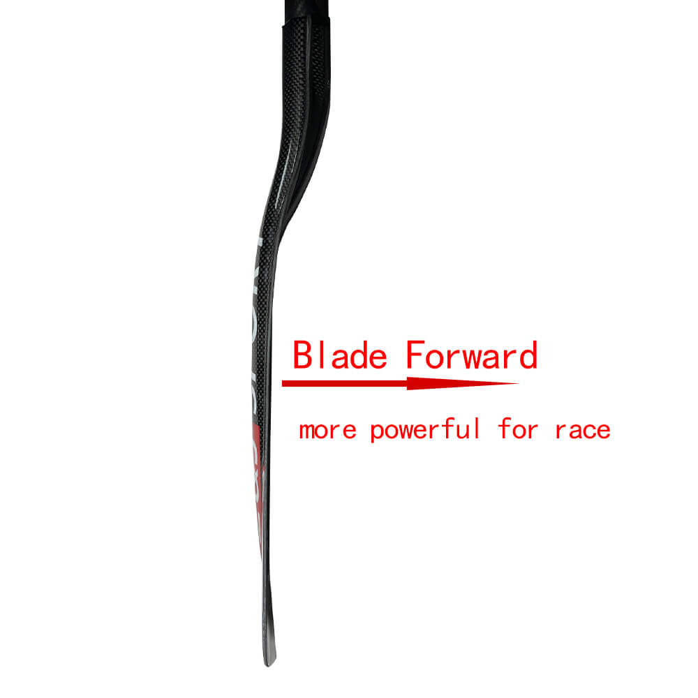 Close-up of a black hockey stick blade with Blade Forward and more powerful for race in red on white. The slight curve and carbon fiber construction mirror ZJ SPORTs precision found in their elite ZJ Carbon Whitewater Paddle With Forward Blade Straight Shaft.