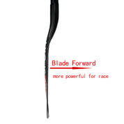 Close-up of a black hockey stick blade with Blade Forward and more powerful for race in red on white. The slight curve and carbon fiber construction mirror ZJ SPORTs precision found in their elite ZJ Carbon Whitewater Paddle With Forward Blade Straight Shaft.