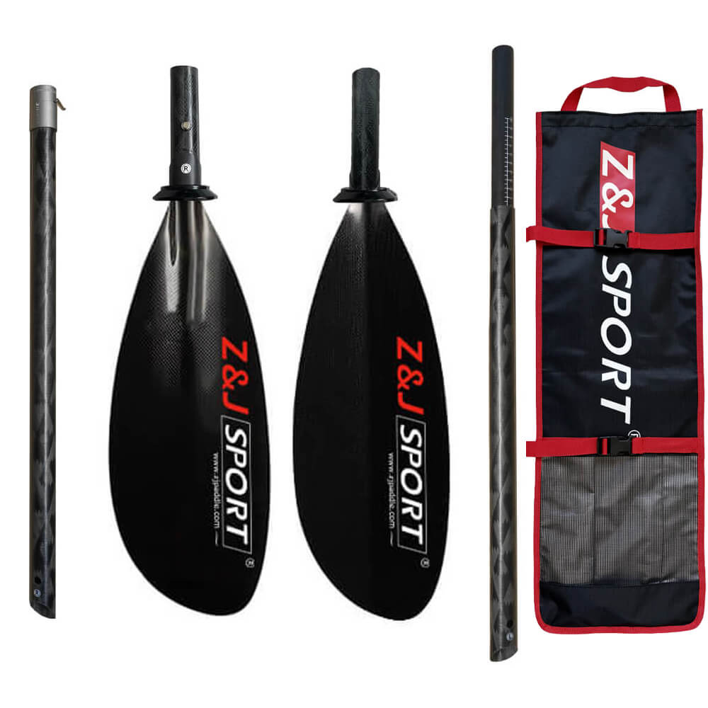 The ZJ SPORT SKD-I Sea Kayak Paddle set includes a disassembled carbon fiber shaft, asymmetrical blades, and a red/black carrying bag. Ideal for long-distance paddling, the bag offers compartments for easy storage.