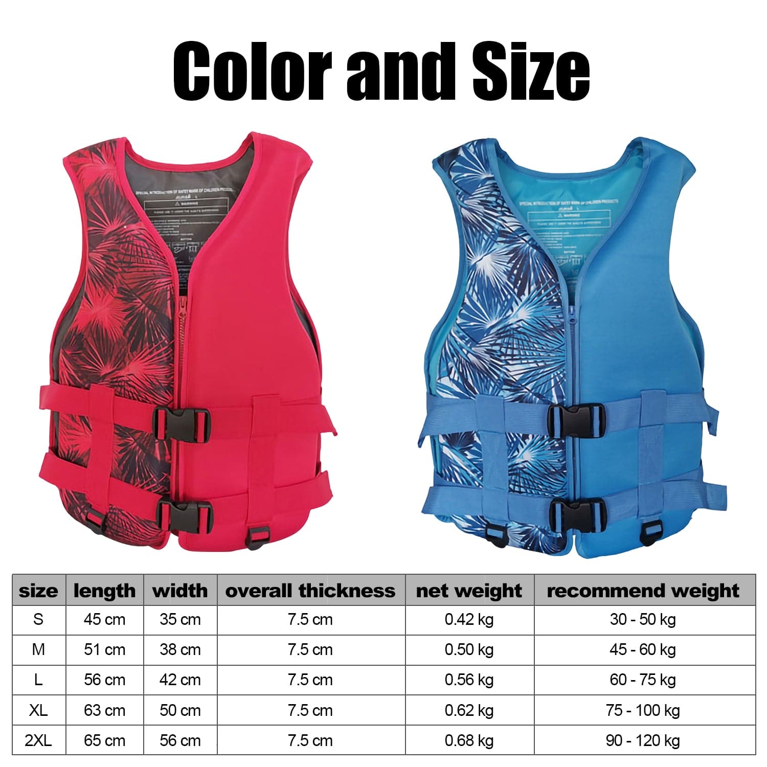 The ZJ High Quality New Style Neoprene Life Vest by ZJ SPORT features two life jackets: one in red and one in blue with palm patterns. Detailed size chart from S to 2XL includes dimensions, net weight, and recommended weight range. Header reads Color and Size.