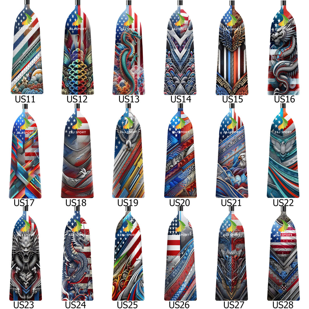 ZJ Adjustable Carbon Dragon Boat Paddle - IDBF Approved with Custom Country Series US, CA, AU, NZ, DE, ES, IT, PH, MY Series Graphics