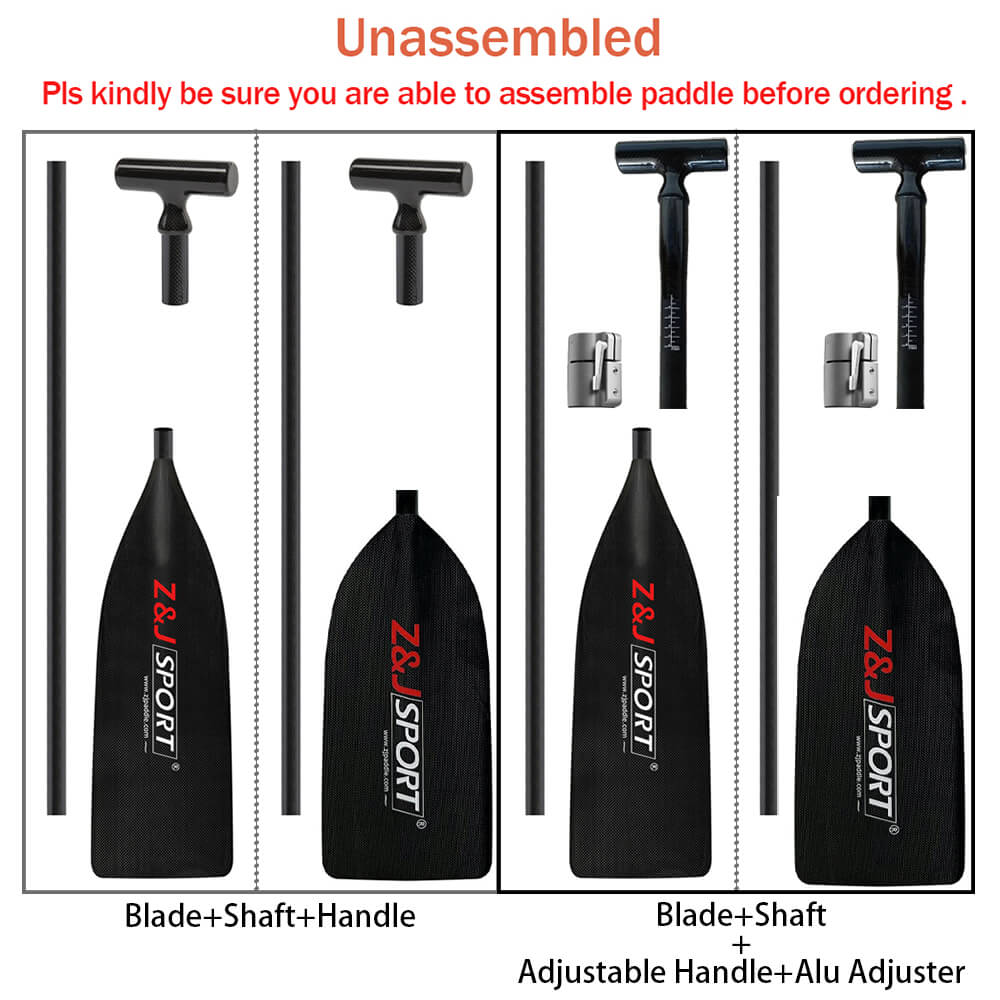 Image of the unassembled ZJ Full Carbon Fiber Flatwater Canoe Paddle includes two blades, shafts, and handles (standard and adjustable with aluminum adjuster) under the ZJ SPORT brand. Ideal as a versatile canoe paddle; verify assembly ability before purchasing.