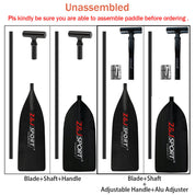 Image of the unassembled ZJ Full Carbon Fiber Flatwater Canoe Paddle includes two blades, shafts, and handles (standard and adjustable with aluminum adjuster) under the ZJ SPORT brand. Ideal as a versatile canoe paddle; verify assembly ability before purchasing.