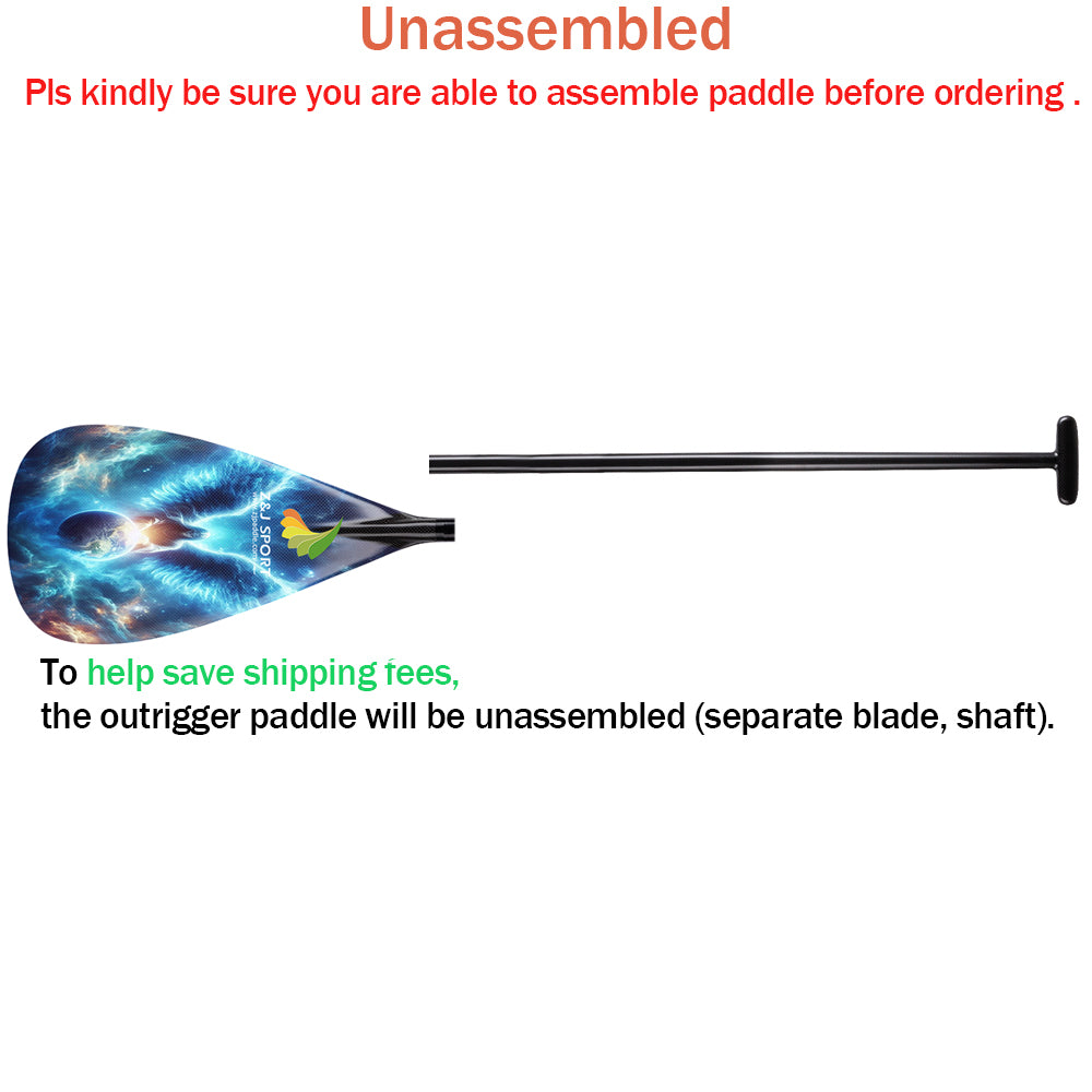 An image shows the ZJ SPORT Full Carbon Outrigger Canoe VAA Paddle, featuring an unassembled blade with a blue cosmic design and yellow logo, and shaft. Includes ergonomic T-handle. Ensure assembly ability; possible savings on shipping fees.