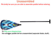 An image shows the ZJ SPORT Full Carbon Outrigger Canoe VAA Paddle, featuring an unassembled blade with a blue cosmic design and yellow logo, and shaft. Includes ergonomic T-handle. Ensure assembly ability; possible savings on shipping fees.