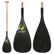 The ZJ SPORT ZJ Hybrid Outrigger Canoe Paddle features a handcrafted wood shaft and a C-W carbon blade with a logo and leaf design, shown in side, front, and back views.