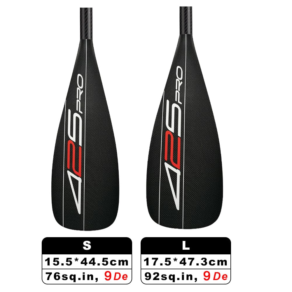 Two ZJ SPORT 425Pro carbon fiber SUP paddle blades are shown. The S blade is 15.5x44.5cm with a 76 sq. in., 9-degree blade, ideal for long-distance racing, while the larger L is 17.5x47.3cm, both featuring lightweight high modulus carbon tapered shafts (1/2/3-piece options).