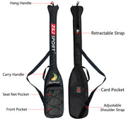 Two black bags are shown: a ZJ SPORT Black Dragon Boat Paddle Bag with labeled features (hang handle, retractable strap, card pocket) and another bag with a portable paddle cover design for versatile protection.