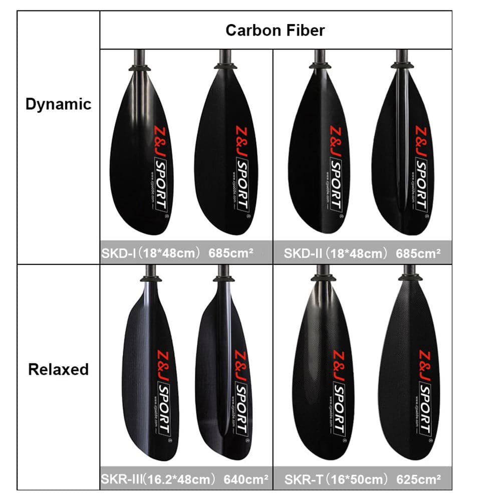 Image of eight ZJ SPORT carbon fiber kayak paddles with asymmetrical blades: Dynamic (SKD-I, SKD-II, 685cm²) and Relaxed (SKR-III, 640cm²; SKR-T, 625cm²), ideal for long-distance paddling. Each paddle features the Z&J Sport logo in red and white.