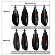 Image of eight ZJ SPORT carbon fiber kayak paddles with asymmetrical blades: Dynamic (SKD-I, SKD-II, 685cm²) and Relaxed (SKR-III, 640cm²; SKR-T, 625cm²), ideal for long-distance paddling. Each paddle features the Z&J Sport logo in red and white.