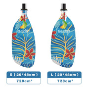 The ZJ SPORT Blade for Whitewater Paddle set includes two vibrant fiberglass paddles with floral and leaf patterns. The left S blade has a 720 cm² surface area, while the right L measures 728 cm². Both have dimensions of 20x48cm.