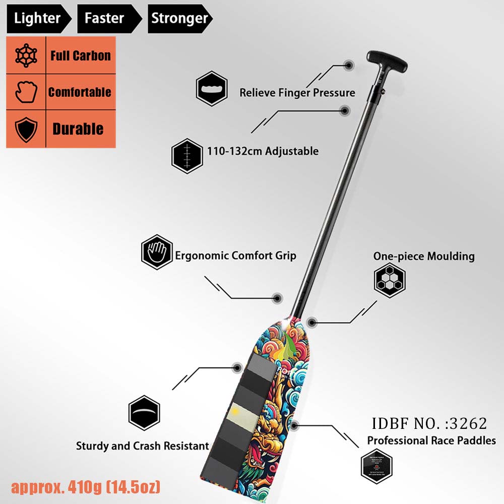 Image of the ZJ SPORT Adjustable Carbon Dragon Boat Paddle, IDBF Approved. Made from full carbon fiber with custom US/AU/DE/ES/PH/MY series graphics, it features an ergonomic comfort grip, an adjustable length of 110-132 cm, one-piece molding, and weighs about 410g (14.5oz).