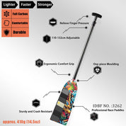 Image of the ZJ SPORT Adjustable Carbon Dragon Boat Paddle, IDBF Approved. Made from full carbon fiber with custom US/AU/DE/ES/PH/MY series graphics, it features an ergonomic comfort grip, an adjustable length of 110-132 cm, one-piece molding, and weighs about 410g (14.5oz).