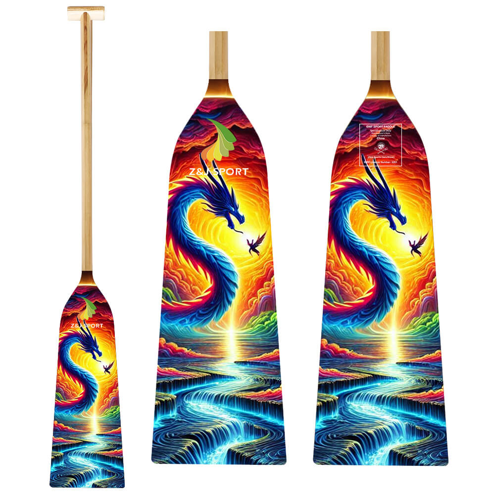 The ZJ SPORT ZJ IDBF Approved Wooden Dragon Boat Paddle With Fiberglass Reinforcement (WDP) showcases a vibrant dragon design swirling around a radiant sun and ocean waves, set against a vivid sunset sky. The dragons rich blues contrast beautifully with the paddles oranges and yellows.