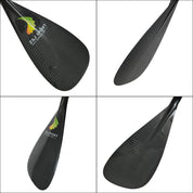Four paddle blade images from the ZJ High Performance Outrigger Canoe Paddle show carbon fiber texture. Two feature a yellow and green leaf logo with ZJ SPORT, while the other two highlight the intricate texture with a progressive power curve design.