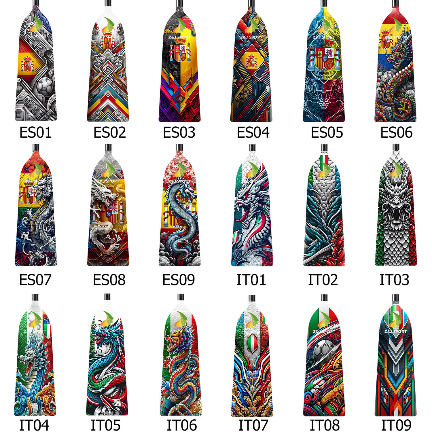 ZJ Adjustable Carbon Dragon Boat Paddle - IDBF Approved with Custom Country Series US, CA, AU, NZ, DE, ES, IT, PH, MY Series Graphics
