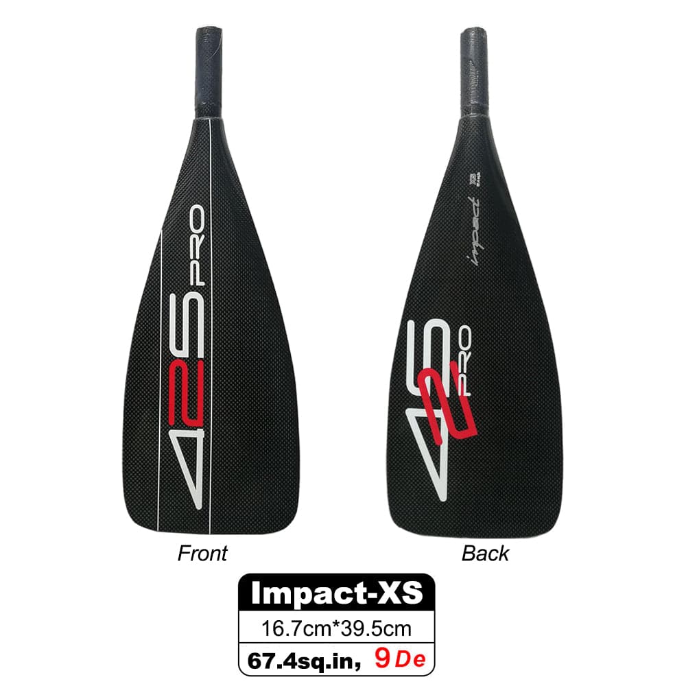 Two images of the ZJ SPORT 425Pro Carbon SUP Paddle are shown. The left image displays the logo on the front, while the right showcases a similar back design with lightweight high modulus carbon. Ideal for long-distance racing, its blade measures 16.7cm by 39.5cm, with a 67.4 sq. in area and a 9-degree angle.