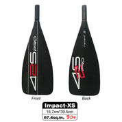 Two images of the ZJ SPORT 425Pro Carbon SUP Paddle are shown. The left image displays the logo on the front, while the right showcases a similar back design with lightweight high modulus carbon. Ideal for long-distance racing, its blade measures 16.7cm by 39.5cm, with a 67.4 sq. in area and a 9-degree angle.