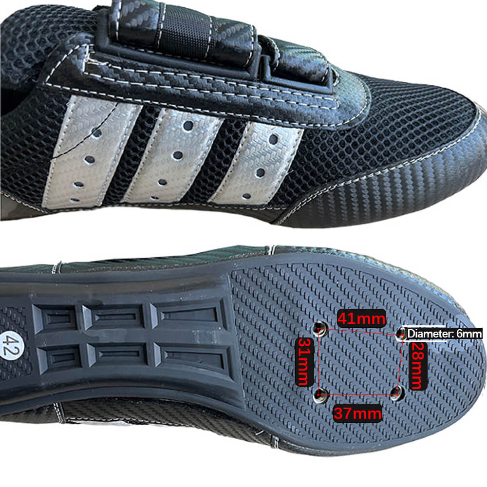 Close-up of ZJ SPORTs ZJ High Quality Rowing Shoes with a sleek black and silver design, showcasing top and bottom views with straps. The sole displays bolt holes labeled 31mm, 37mm, and 28mm with a diameter of 6mm. Please note these shoes are not waterproof.