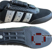 Close-up of ZJ SPORTs ZJ High Quality Rowing Shoes with a sleek black and silver design, showcasing top and bottom views with straps. The sole displays bolt holes labeled 31mm, 37mm, and 28mm with a diameter of 6mm. Please note these shoes are not waterproof.