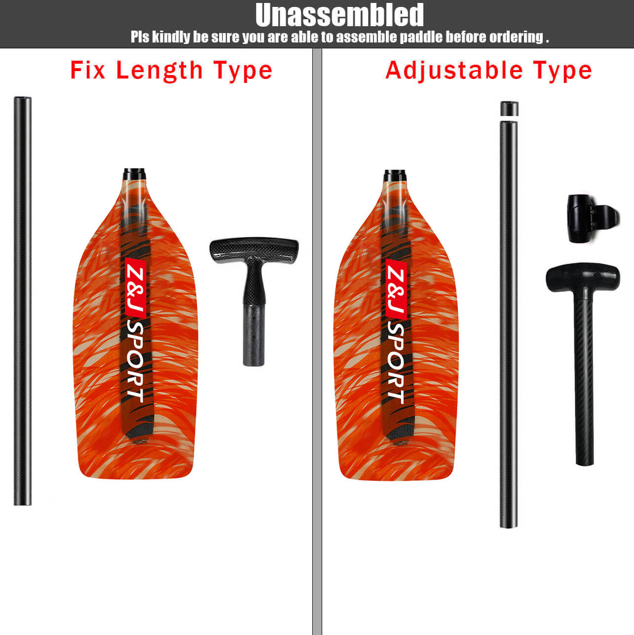 ZJ Whitewater Rafting Paddle con elegante cuchilla de fibra de vidrio (sin ensamblar)