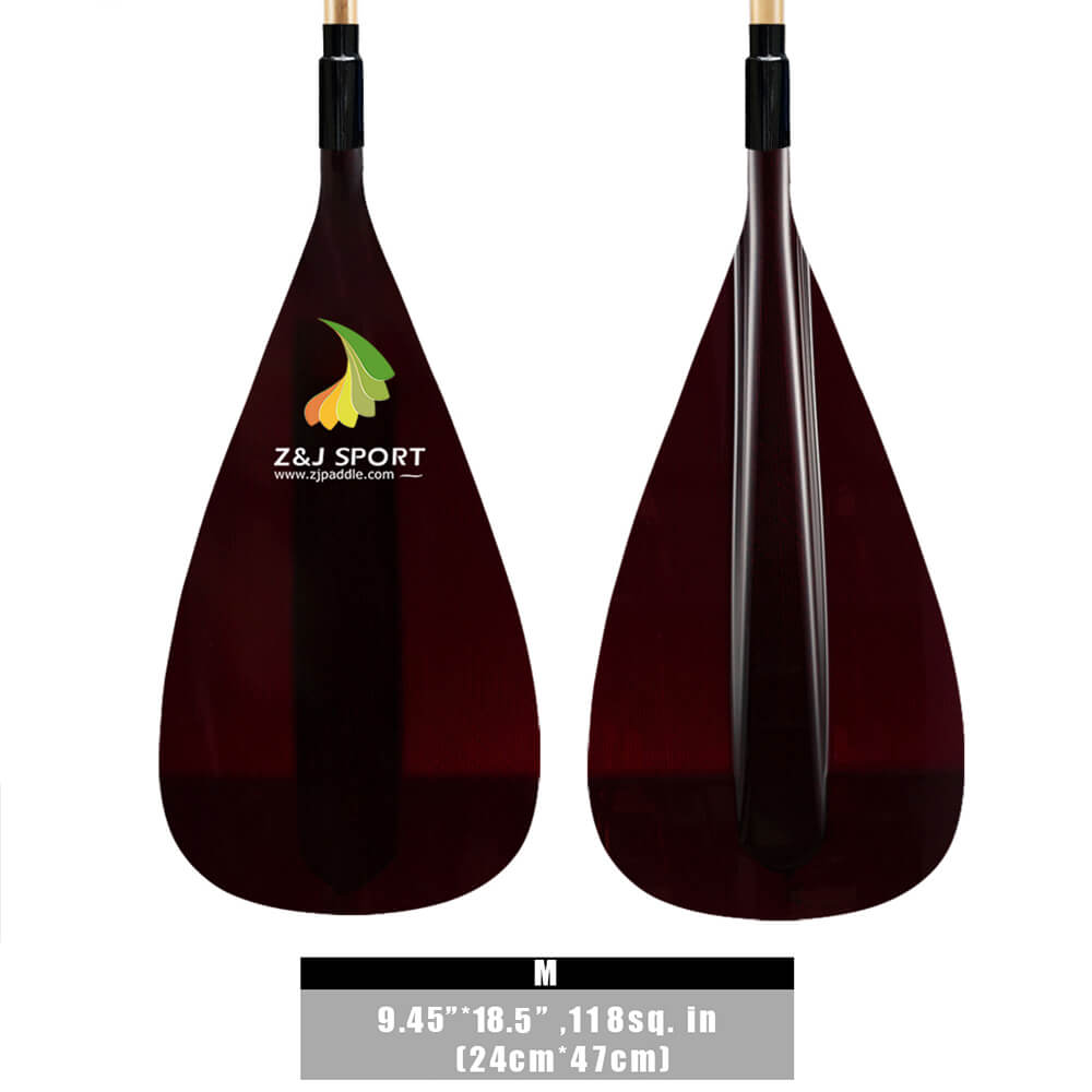 Two dark wooden paddle blades with a green and yellow leaf logo feature Z&J Sport, www.jiasupaddle.com, and dimensions 9.45”×18.5”, 118 sq. in (24cm×47cm). Ideal for waka ama enthusiasts wanting the ergonomic T-handle comfort of the ZJ Special Offer Hybrid Outrigger Canoe Paddle.