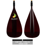 Two dark wooden paddle blades with a green and yellow leaf logo feature Z&J Sport, www.jiasupaddle.com, and dimensions 9.45”×18.5”, 118 sq. in (24cm×47cm). Ideal for waka ama enthusiasts wanting the ergonomic T-handle comfort of the ZJ Special Offer Hybrid Outrigger Canoe Paddle.