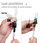 Two hands demonstrate the Z&J SPORT Hydration Bladder 2Ls leak-proof valve with a dust cap. The left hand shows water spraying from the large opening in the ON position, while the right hand shows no flow in OFF. Text highlights its BPA-free and leak-proof features by zijie.