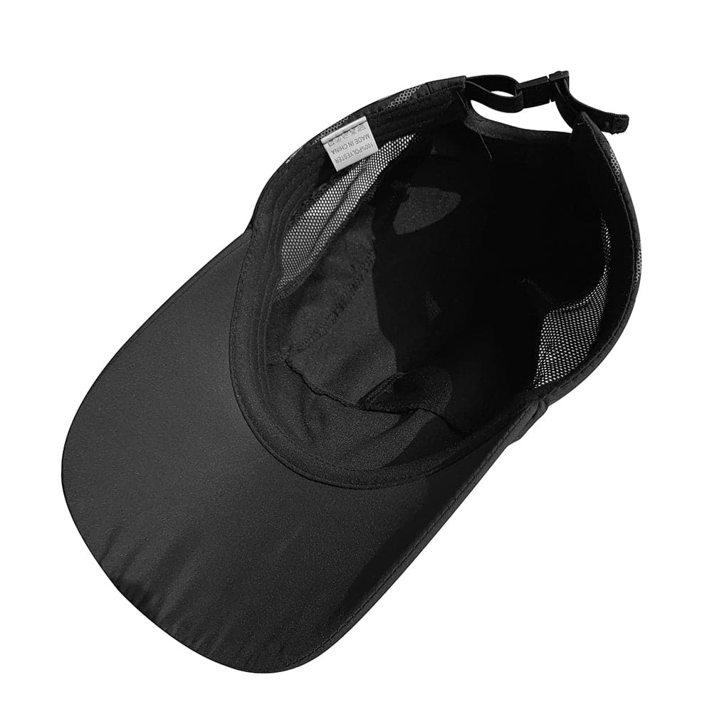 A top view of the Z&J SPORT Unisex Quick Dry Adjustable Unstructured Cap in black, highlighting its mesh lining, adjustable strap, and curved brim. Crafted by ZJ SPORT for outdoor sports, it features a breathable fabric with a moisture-wicking sweatband for comfort.
