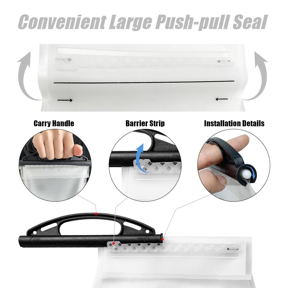 Instructional image of the zijie Z&J SPORT 2L BPA-free hydration bladder showing a push-pull seal. Features include carry handle, barrier strip, and installation guidance. Close-ups highlight the held handle, large opening for easy filling, and assembly section.