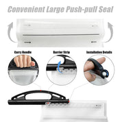 Instructional image of the zijie Z&J SPORT 2L BPA-free hydration bladder showing a push-pull seal. Features include carry handle, barrier strip, and installation guidance. Close-ups highlight the held handle, large opening for easy filling, and assembly section.