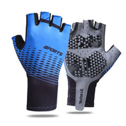 The Z&J SPORT fingerless gloves by zijie feature a blue and black geometric design with SPORTS text on one glove and a gray and black textured grip on the palm side of the other, making them ideal for adventurous outdoor activities like rowing, kayaking, and paddling.