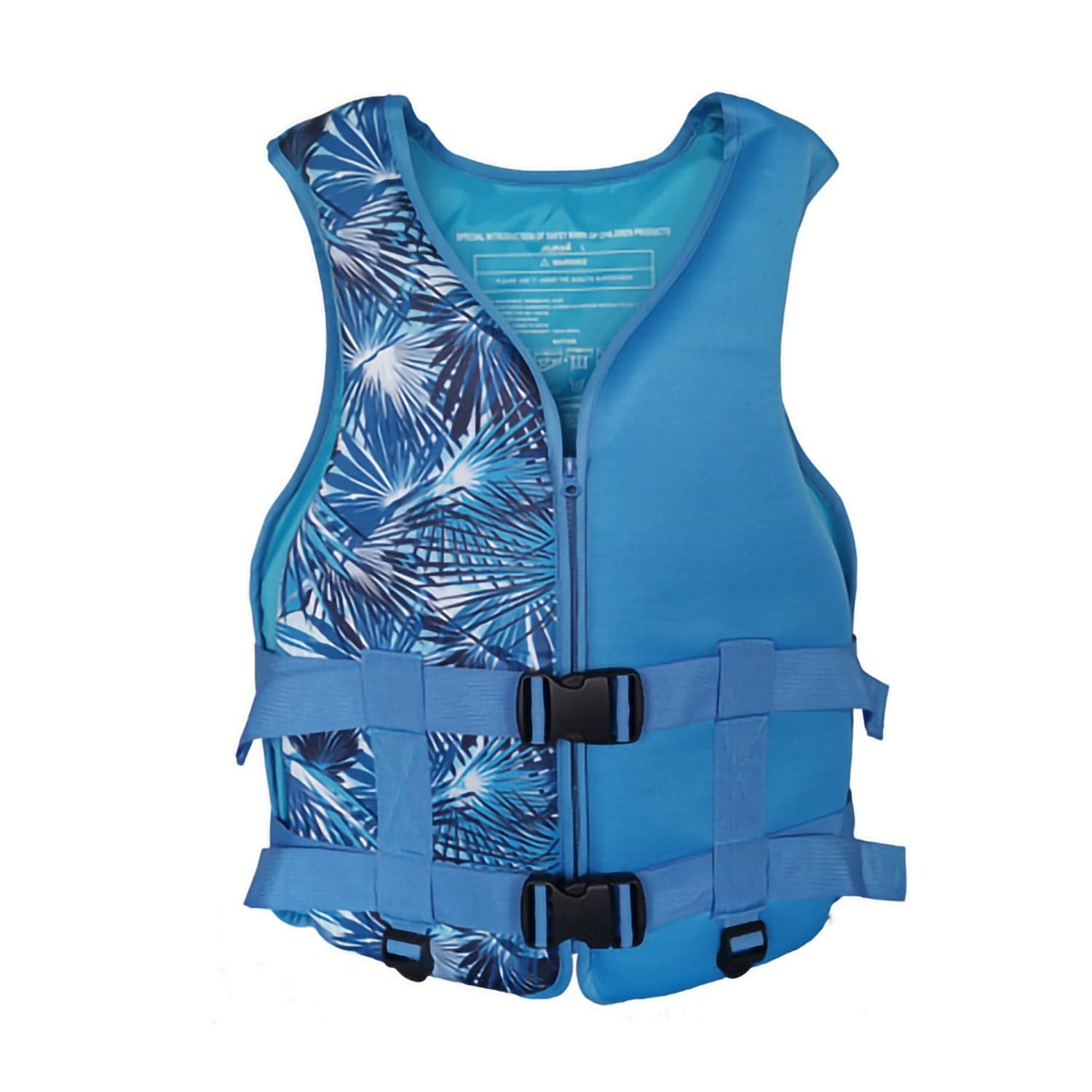 The ZJ SPORT ZJ High Quality New Style Neoprene Life Vest is blue with a palm leaf pattern on the left side, featuring two black buckles and adjustable straps.