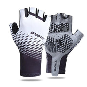 Two Z&J SPORT UV protection fingerless gloves are shown. The front glove is white with black geometric patterns and SPORTS text. The back glove has gray and black textured designs, labeled SDO12, enhancing grip. Perfect for outdoor activities like rowing, kayaking, paddling from zijie brand.