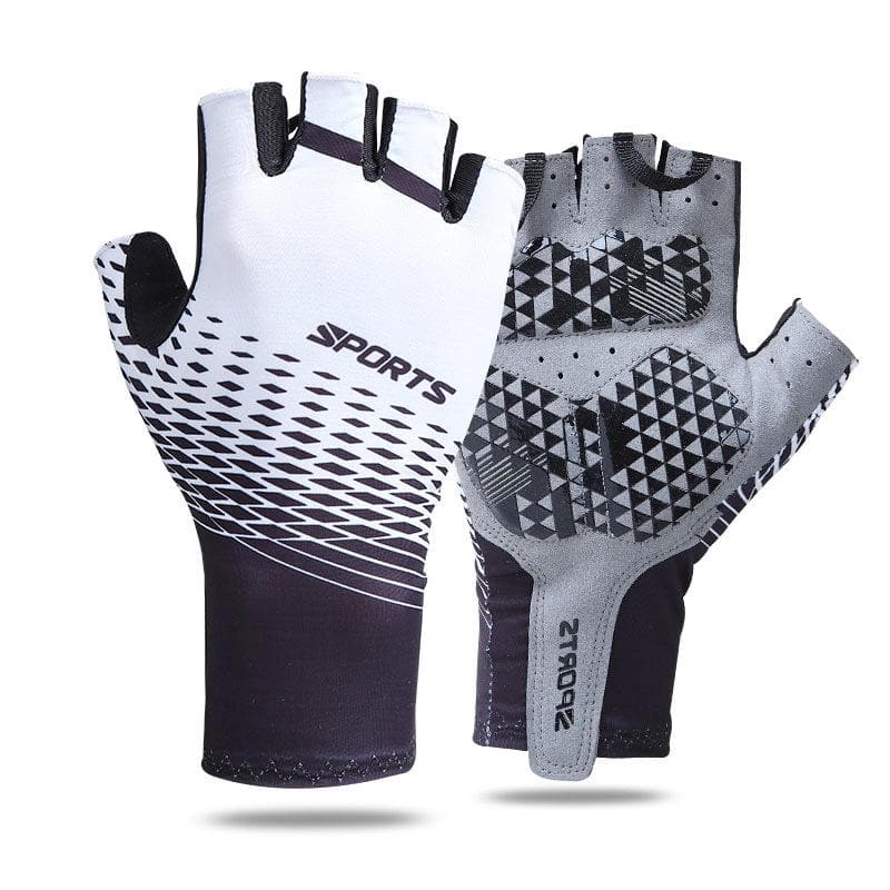 Two Z&J SPORT UV protection fingerless gloves are shown. The front glove is white with black geometric patterns and SPORTS text. The back glove has gray and black textured designs, labeled SDO12, enhancing grip. Perfect for outdoor activities like rowing, kayaking, paddling from zijie brand.