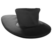 A black, wide-brimmed hat with a tall, cylindrical crown made from SBR diving fabric. Its smooth, slightly shiny material enhances its formal and distinctive look.