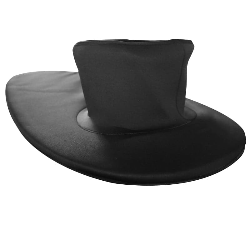 A black, wide-brimmed hat with a tall, cylindrical crown made from SBR diving fabric. Its smooth, slightly shiny material enhances its formal and distinctive look.