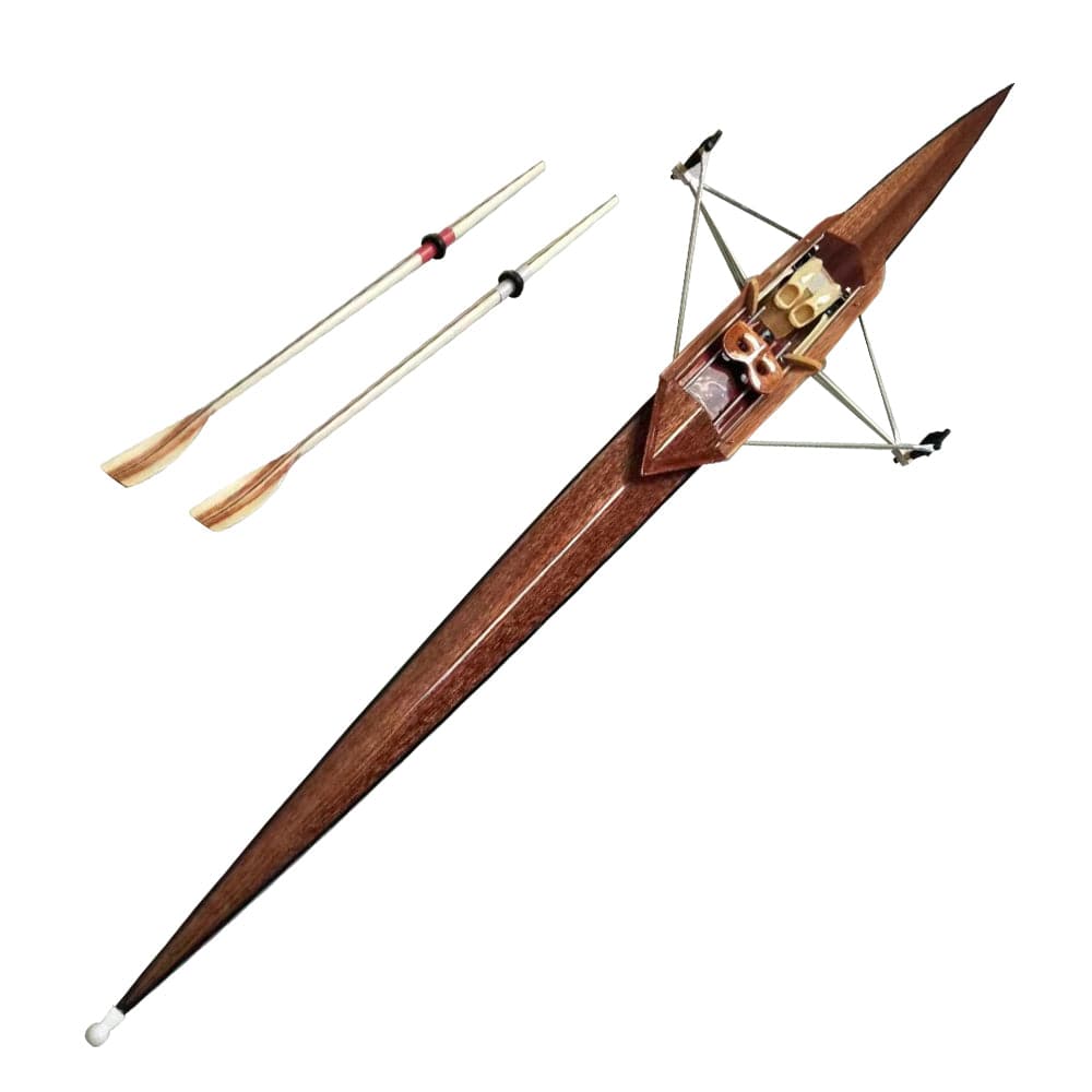 The ZJ Handcrafted Rowing Boat Model Miniatures by zijie captures the elegance of a wooden single scull with a seat for one rower and two oars featuring wooden blades and metal shafts, perfect for enthusiasts who appreciate sleek rowing boats or lightweight kayaks.