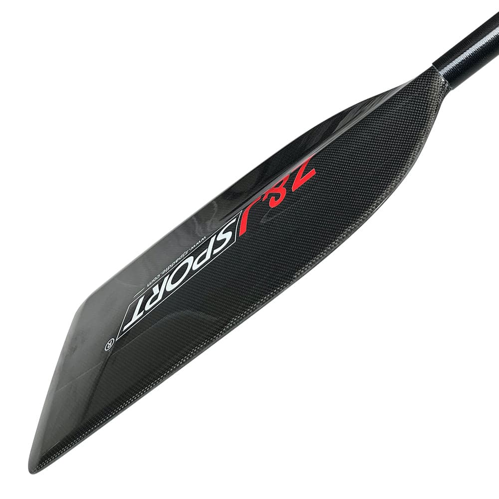 Close-up of a black, textured blade from the unassembled ZJ Full Carbon Fiber Flatwater Canoe Paddle by ZJ SPORT. The blade displays red and white SPORT 2S text and is set against a plain white background.