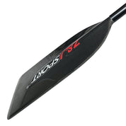 Close-up of a black, textured blade from the unassembled ZJ Full Carbon Fiber Flatwater Canoe Paddle by ZJ SPORT. The blade displays red and white SPORT 2S text and is set against a plain white background.