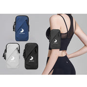 Four ZJ SPORT Unisex Outdoor Sports Waterproof Double Pockets Arm Bags in blue, white, and black are shown on the left. On the right, a model wears a black sports bra and leggings featuring one of these arm bags by zijie. Free shipping available.