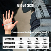An image shows a hand with a measuring tape labeled A to B, instructing, Measure the distance from palm A~B. A chart indicates glove sizes (M, L, XL, XXL) with corresponding widths and lengths, ideal for Z&J SPORT UV Protection Fingerless Breathable Outdoor Sports Gloves by zijie.