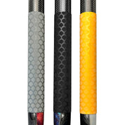 Three lightweight ZJ SPORT paddles are displayed vertically with EVA antiskid grips, featuring a gray, black, and yellow dragon scale pattern. The carbon fiber rod ends have a reflective multi-colored surface. Product: ZJ Antiskid Grip Wrap for Dragon Boat/Outrigger Canoe Paddle.