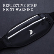 The ZJ SPORT waist bag by zijie is crafted from waterproof PU leather and features a white reflective strap for night safety. It includes a convenient zipper, the Z&J Sport logo, and a headphone hole for easy listening on the go.