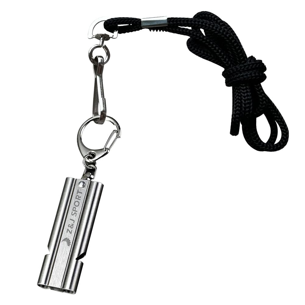 A ZJ SPORT stainless steel emergency survival whistle is attached to a coiled black lanyard via a keyring and carabiner.