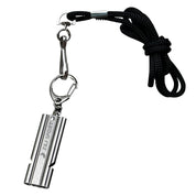 A ZJ SPORT stainless steel emergency survival whistle is attached to a coiled black lanyard via a keyring and carabiner.