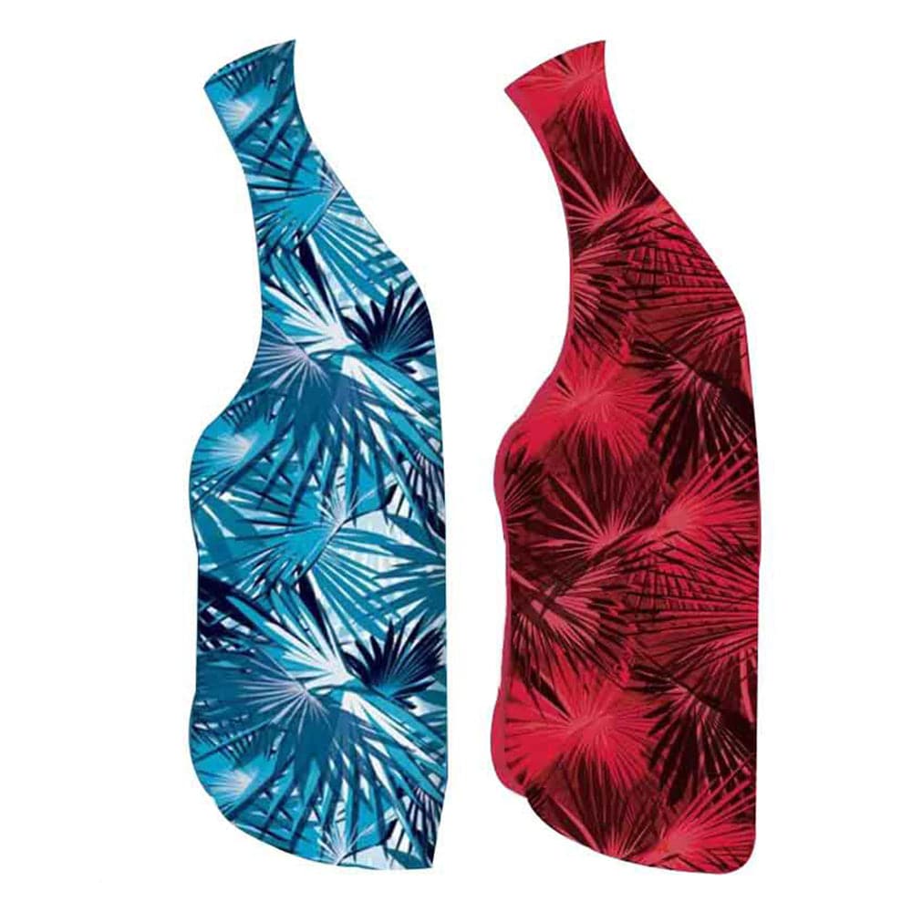 Two ZJ SPORT sleeveless shirts feature tropical leaf patterns, with the left design displaying blue and turquoise leaves, and the right one showcasing red and black leaves. Both have a stylish, relaxed fit against a white background.