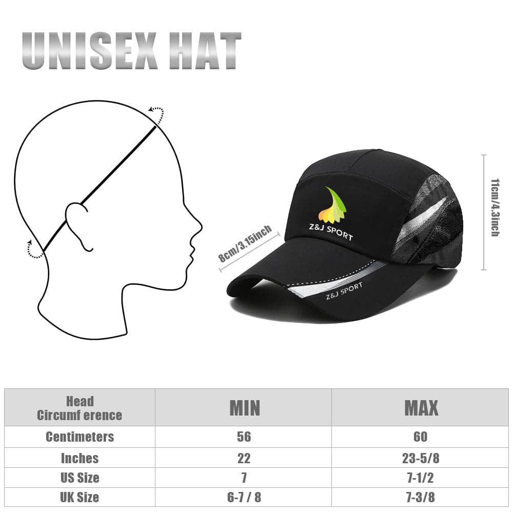 Illustration of Z&J SPORT Unisex Quick Dry Cap. Shows UV protection guide and side profile with measurement indicators. Features black cap labeled ZJ SPORT, size chart with cm, inches, US/UK sizes. Ideal for running with moisture-wicking sweatband; order valid only with paddles.