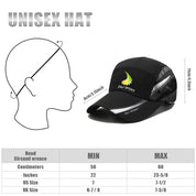Illustration of Z&J SPORT Unisex Quick Dry Cap. Shows UV protection guide and side profile with measurement indicators. Features black cap labeled ZJ SPORT, size chart with cm, inches, US/UK sizes. Ideal for running with moisture-wicking sweatband; order valid only with paddles.