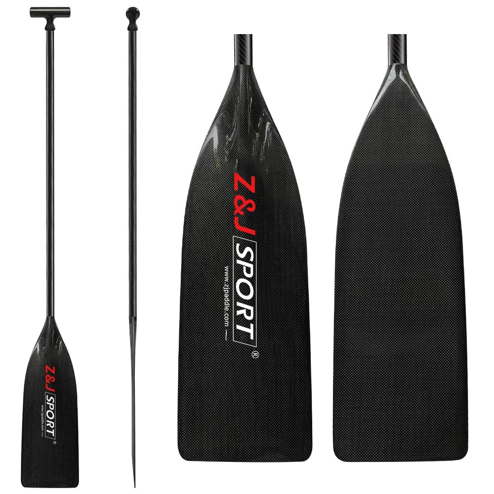 Three ZJ SPORT full carbon fiber canoe paddles are shown. One is fully extended, while two display the side and front views of the blade, featuring the Z&J Sport logo. Their sleek design makes them ideal for flatwater adventures.